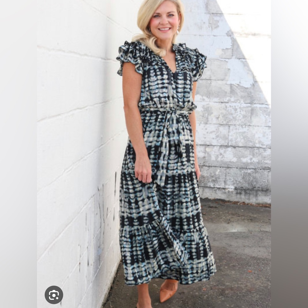 Tie-Dye Black and Ivory Maxi Dress with Ruffle Sleeves